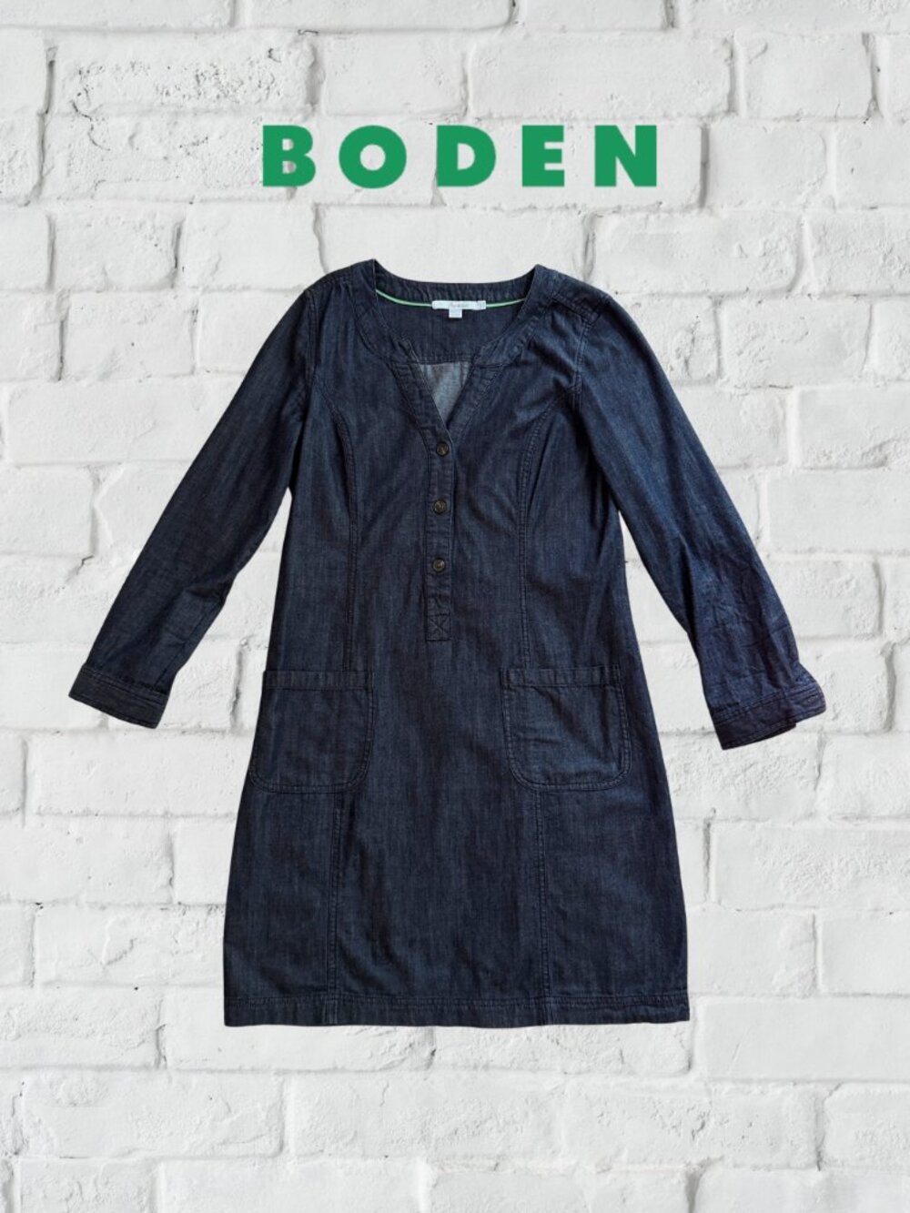 Boden Dark Wash Denim Shift Dress | Long Sleeve Button Placket | Size 8